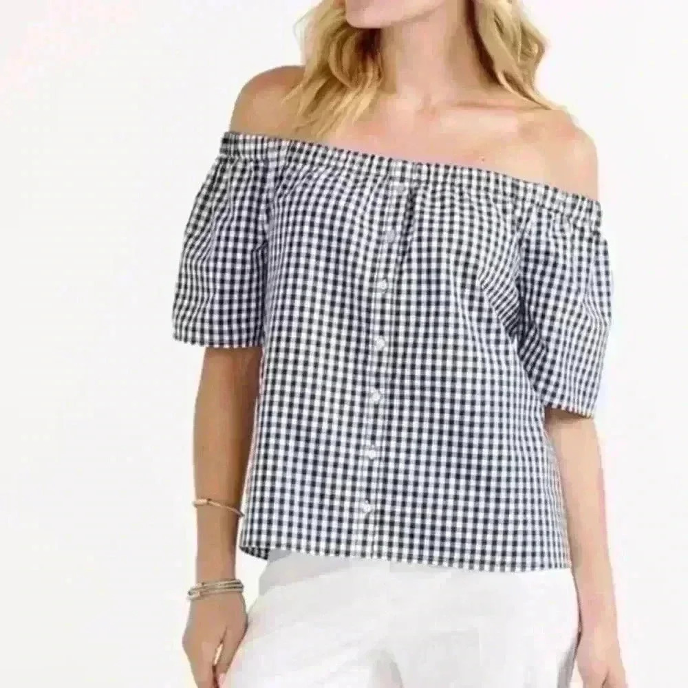 Off the shoulder gingham picnic top navy and white size large shirt